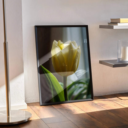Vertical floral poster wall art featuring a close-up yellow tulip with green leaves.