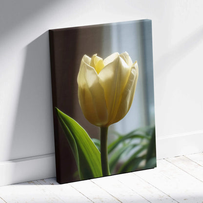 Yellow tulip floral digital art on canvas wall art print with soft natural light background.