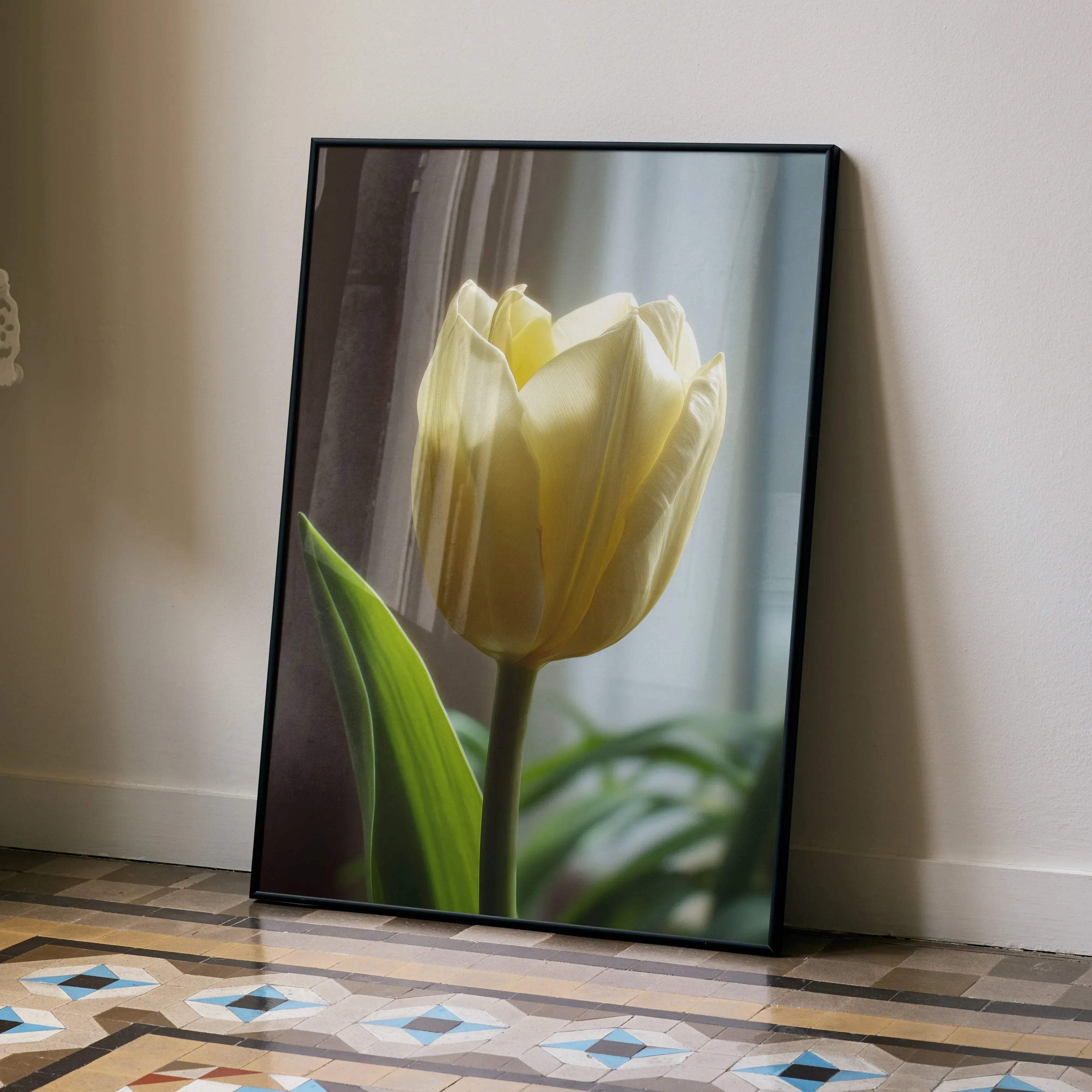 Yellow tulip floral digital art poster with green leaves leaning against wall wall art.