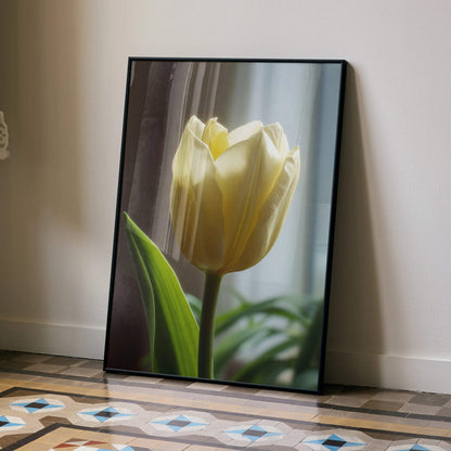Yellow tulip floral digital art poster with green leaves leaning against wall wall art.