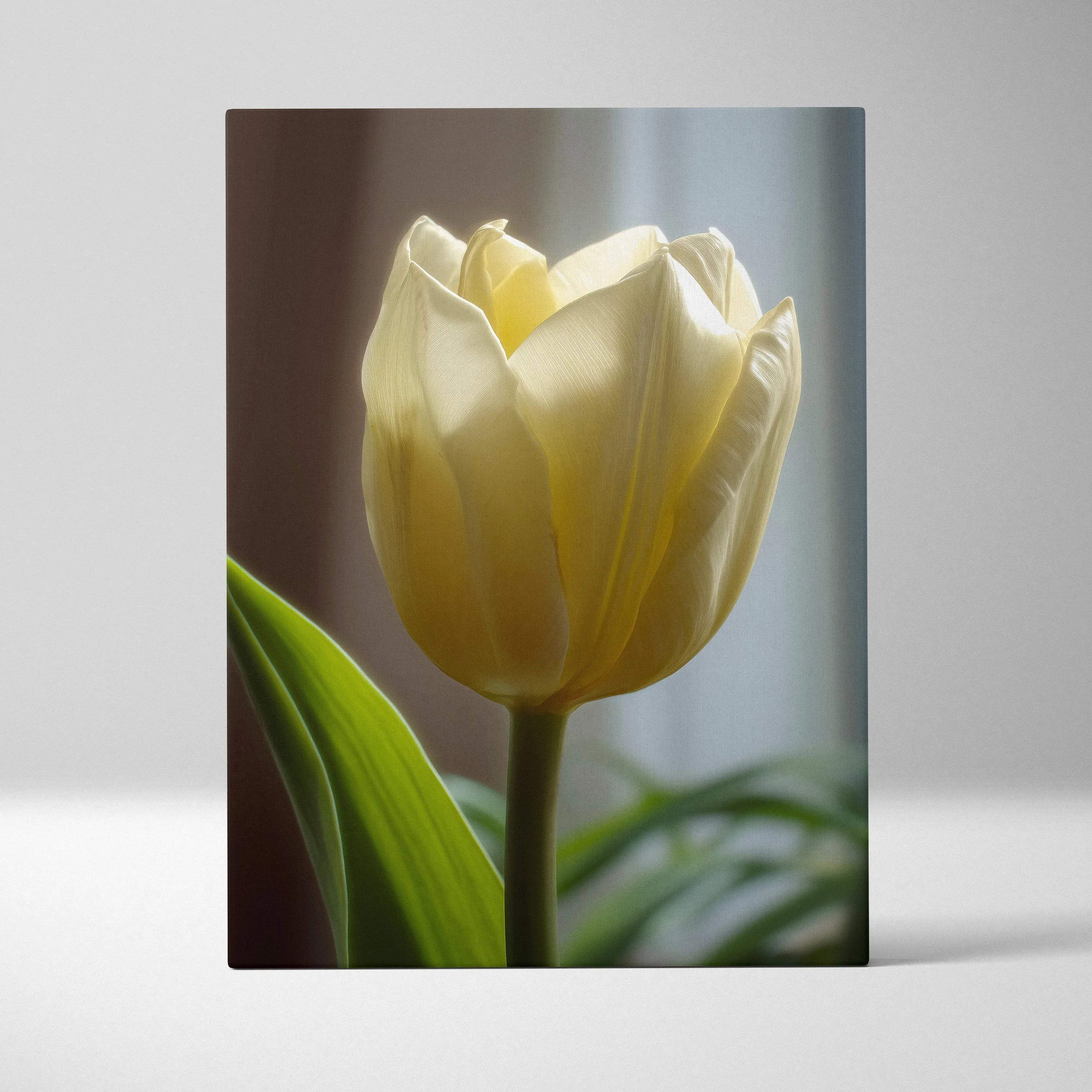 Yellow tulip floral digital canvas wall art print with soft lighting and green leaves background.