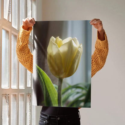 Vertical poster wall art featuring vibrant yellow tulip floral digital art with green leaves and soft natural light.