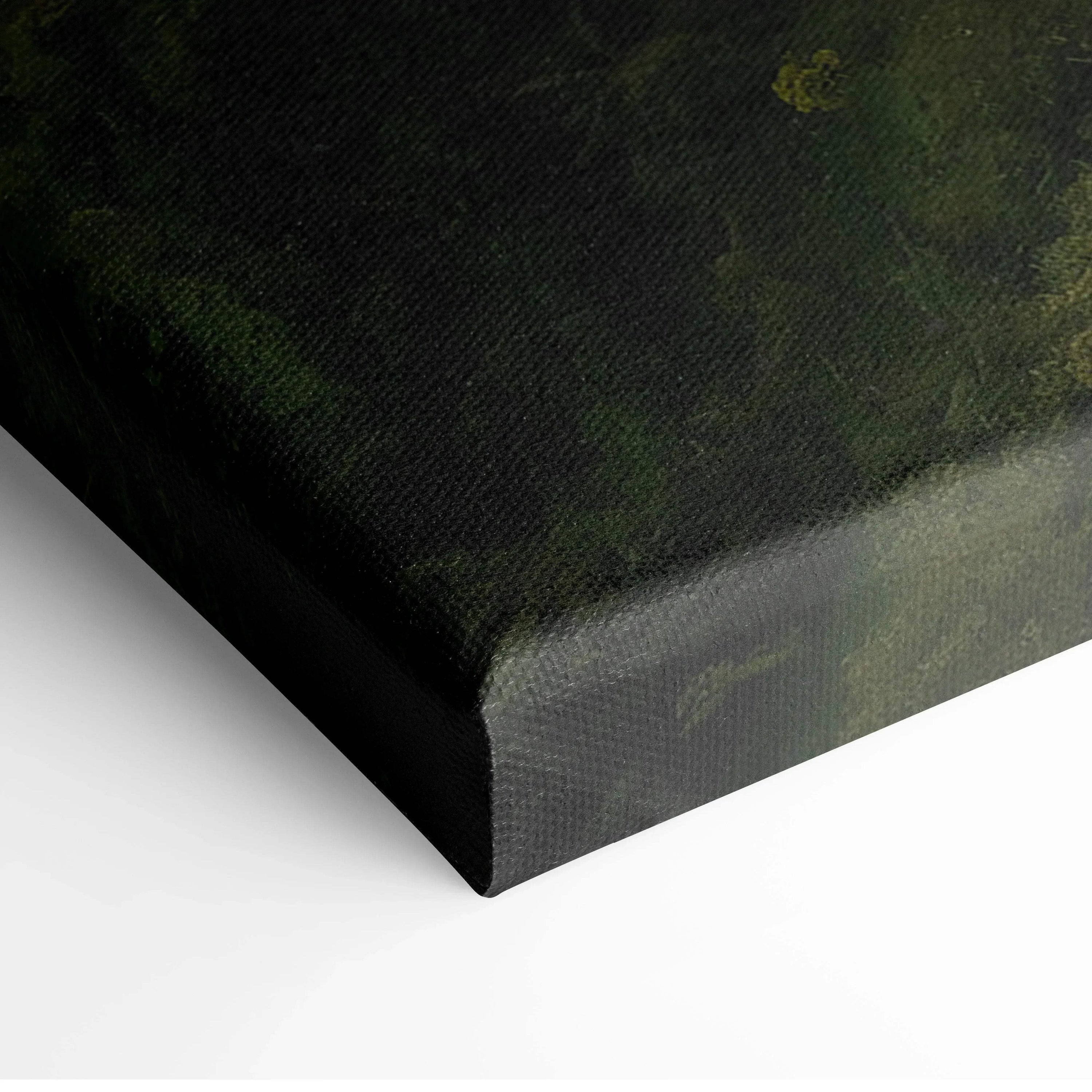 Close-up of canvas wall art corner with dark green abstract mountain textures and subtle gold accents.