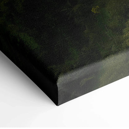 Close-up of canvas wall art corner with dark green abstract mountain textures and subtle gold accents.