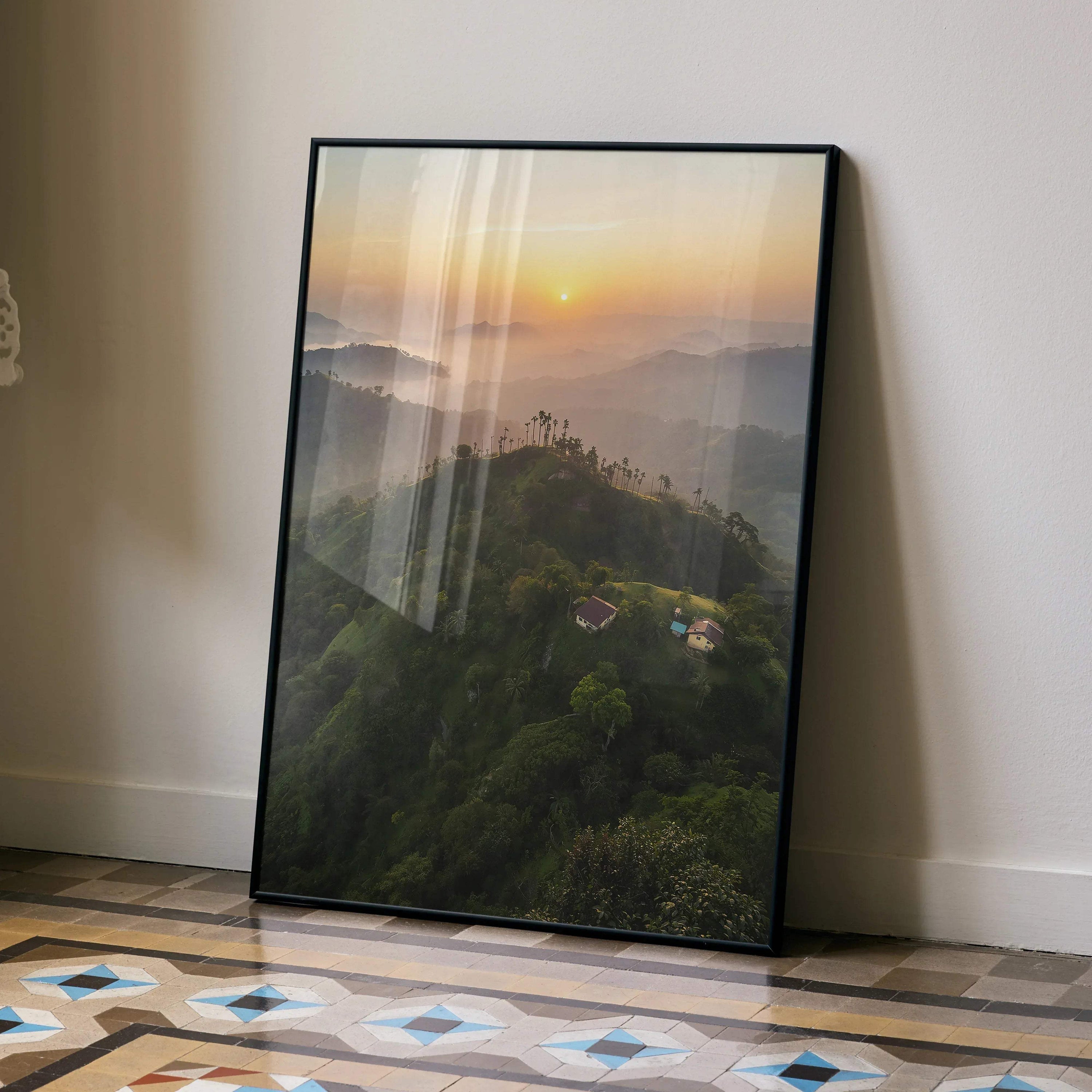 Stunning sunset nature digital art poster with layered hills and glowing sun, vertical wall art.