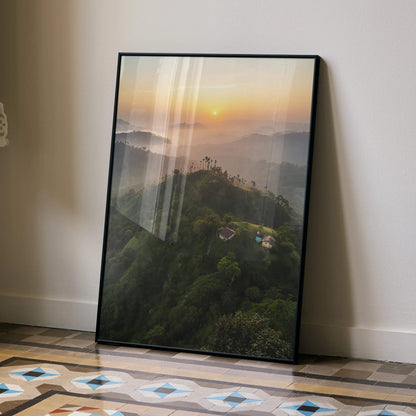 Stunning sunset nature digital art poster with layered hills and glowing sun, vertical wall art.