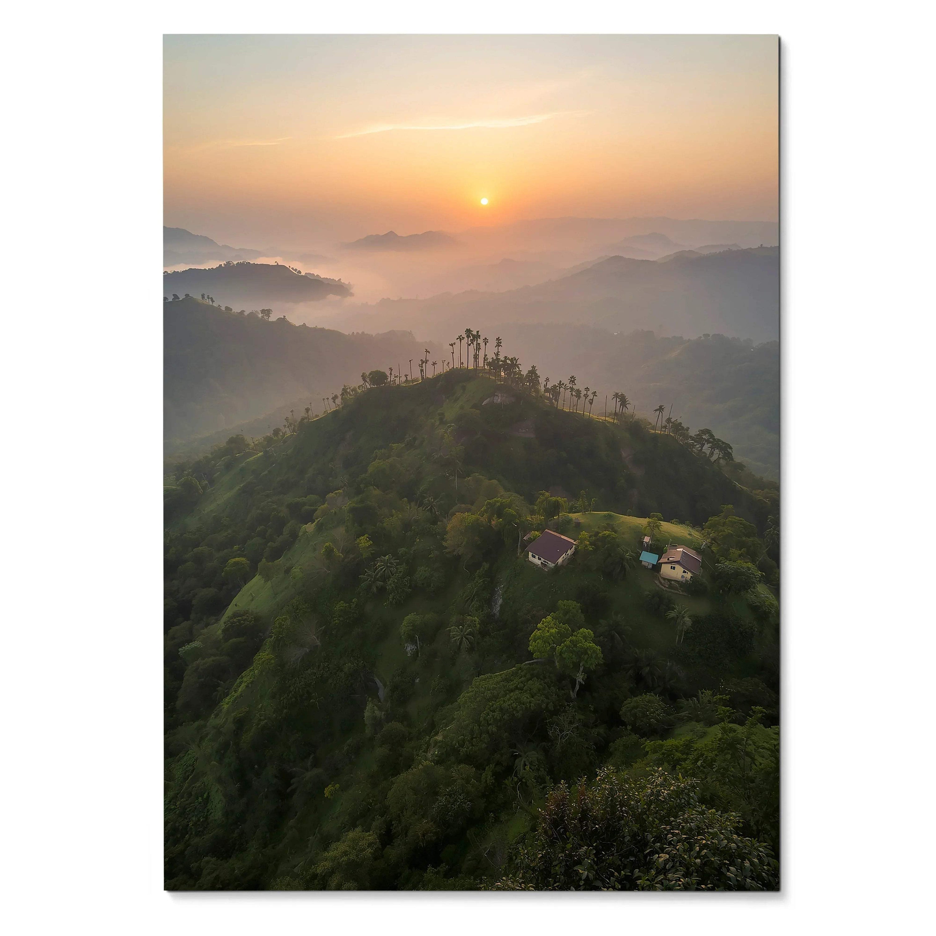 Vertical sunset nature poster featuring sun over misty green hills, serene digital art wall decor.
