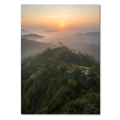 Vertical sunset nature poster featuring sun over misty green hills, serene digital art wall decor.