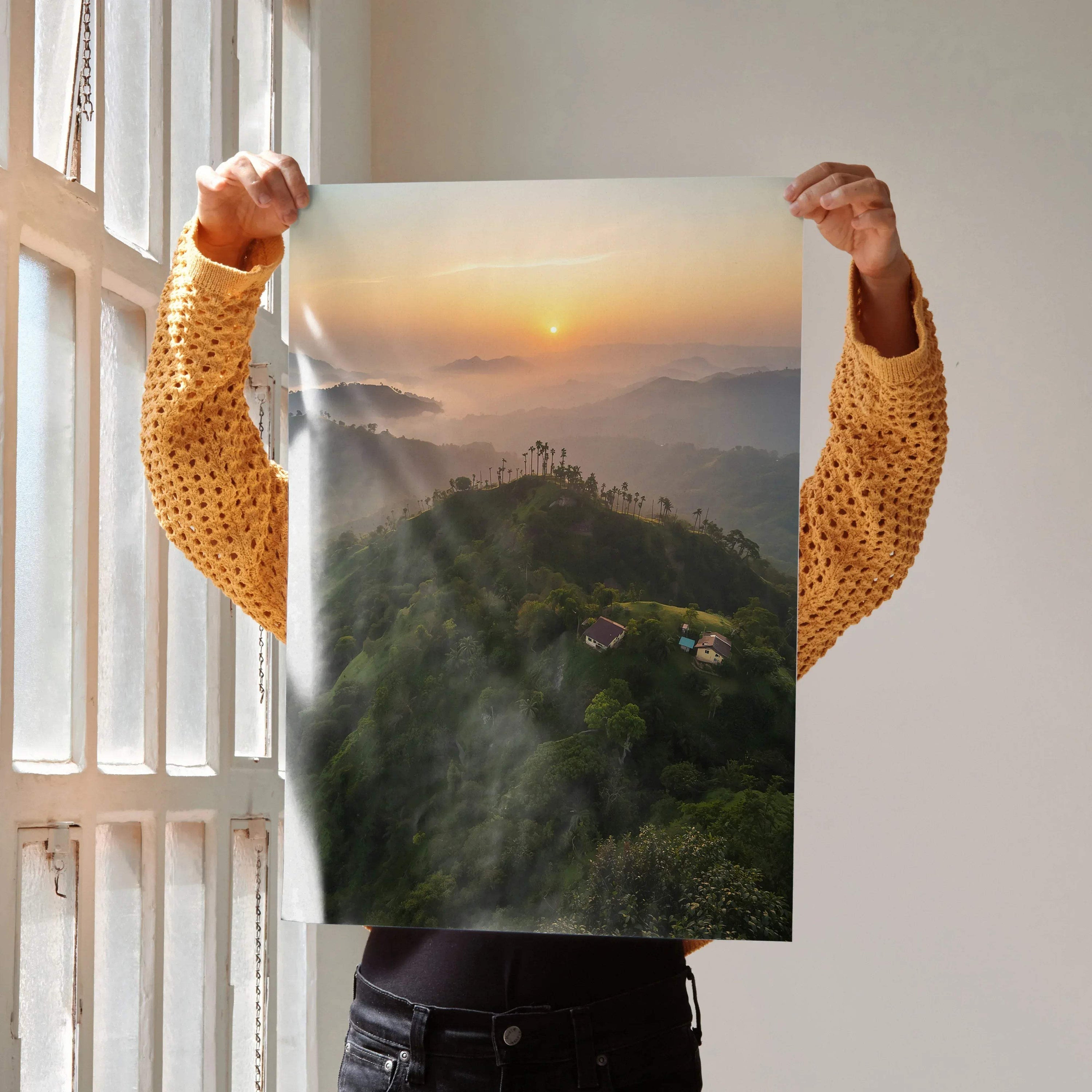 Vertical sunset nature poster with misty mountains and glowing sun, vibrant wall art.