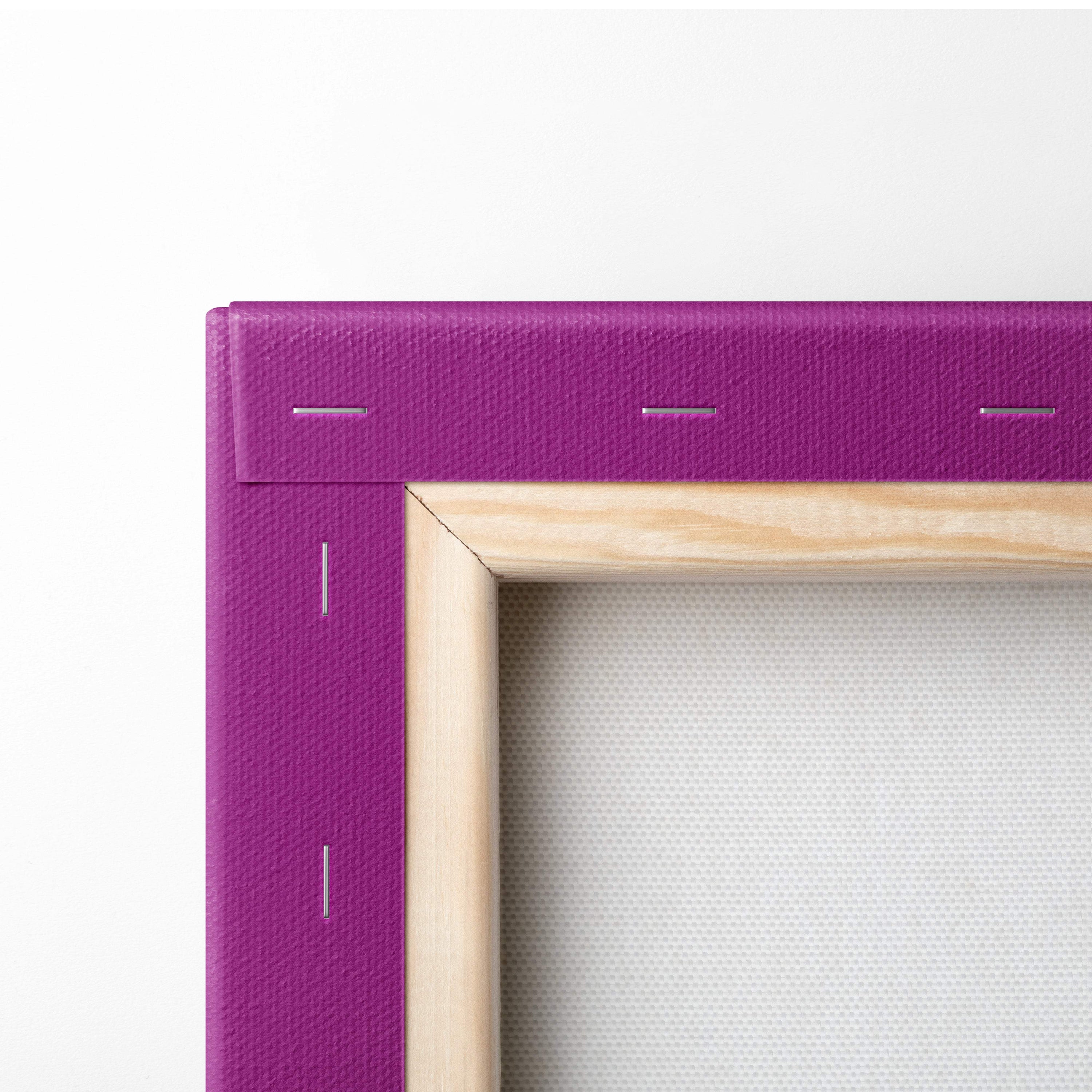 Purple canvas frame with light wood border featuring vaporwave pink mountain sunset retrowave landscape art print