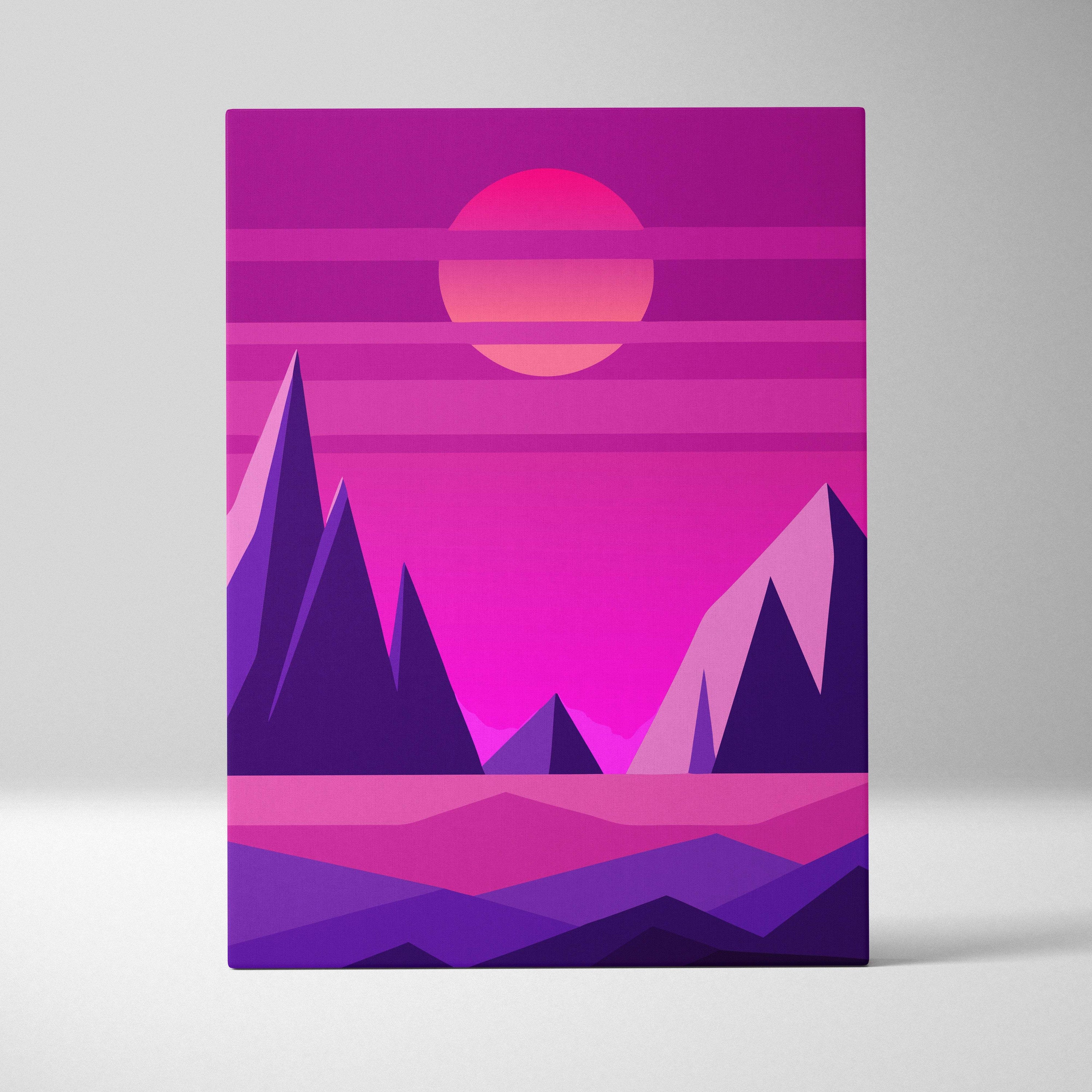 Vaporwave pink mountain sunset canvas art print featuring stylized purple and pink peaks under a gradient sunset sky