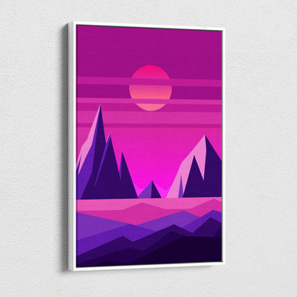 A framed vaporwave pink mountain sunset canvas art print with a geometric purple and pink synthwave landscape design