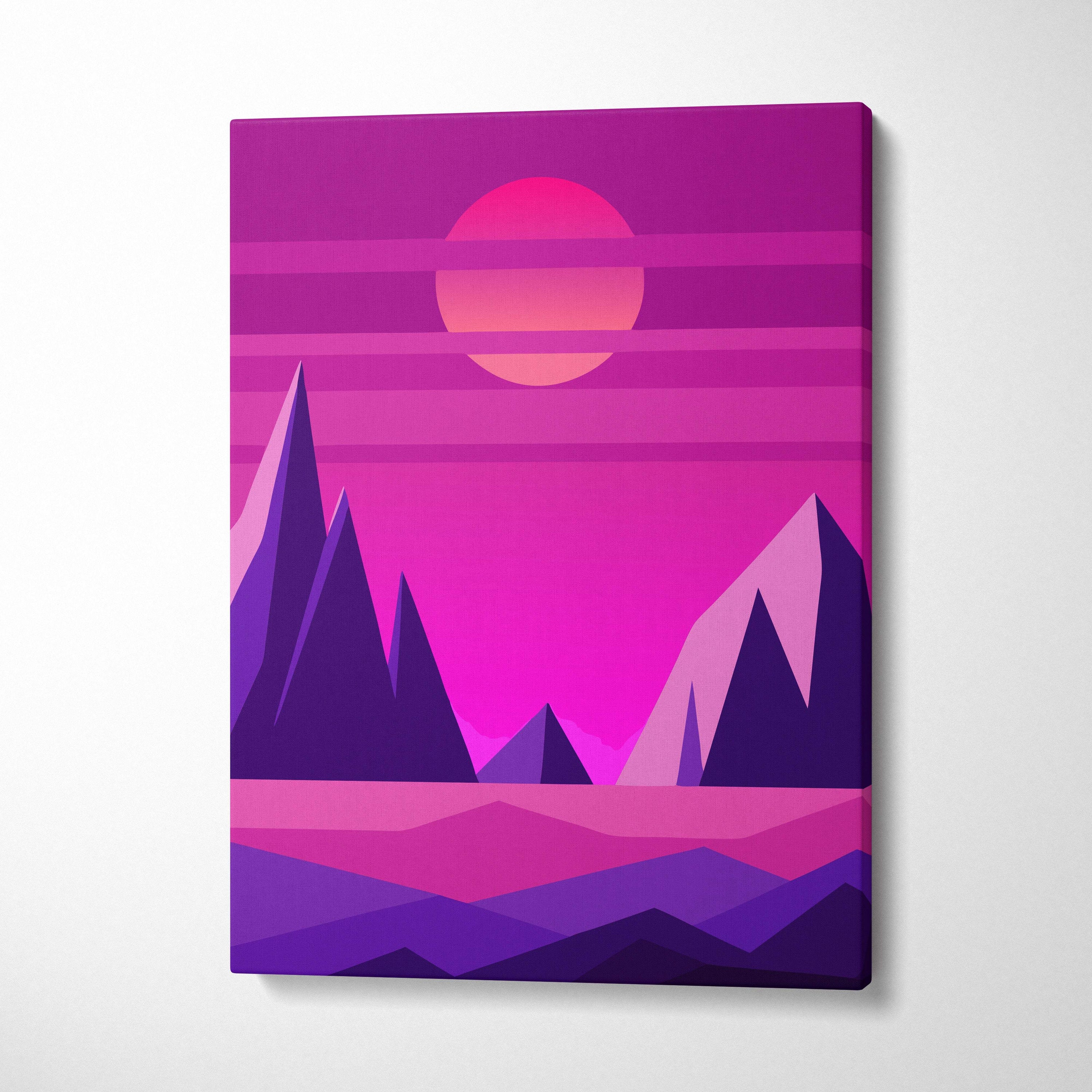 Vaporwave pink mountain sunset canvas art print with vibrant purple and pink geometric landscape and gradient sunset