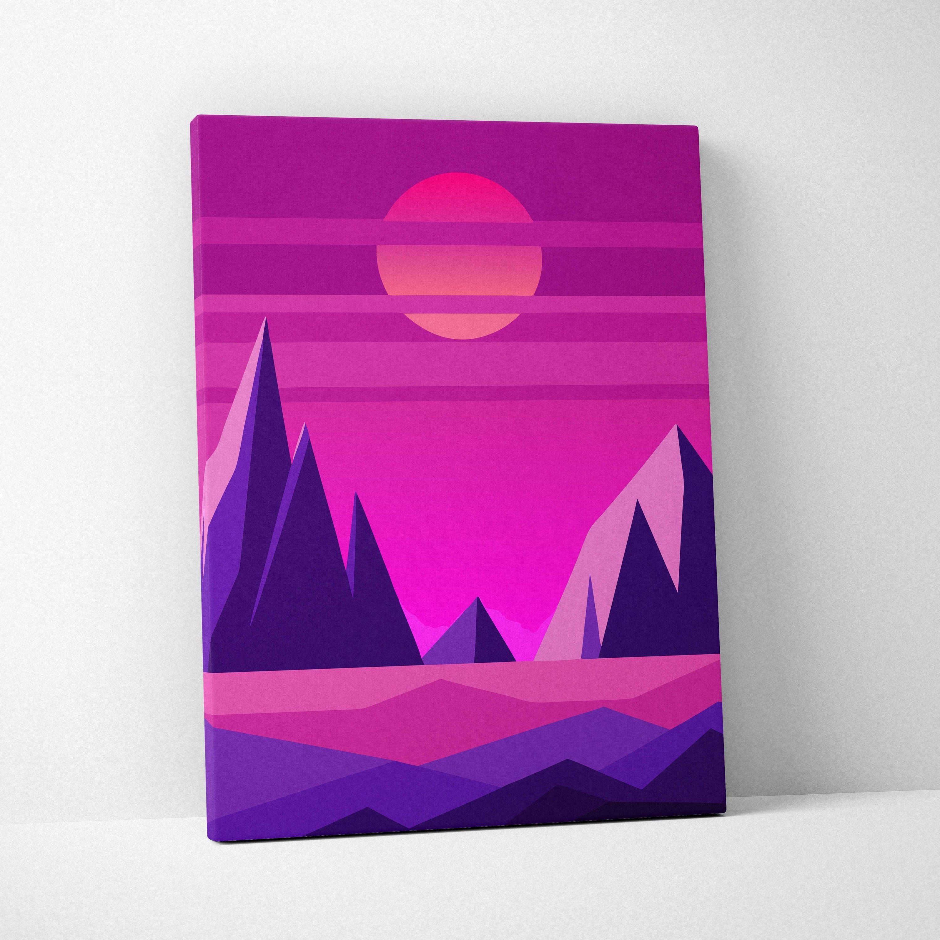 Vaporwave pink mountain sunset canvas art print with vibrant purple and pink retro-futuristic mountain landscape