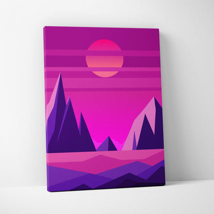 Vaporwave pink mountain sunset canvas art print with vibrant purple and pink retro-futuristic mountain landscape