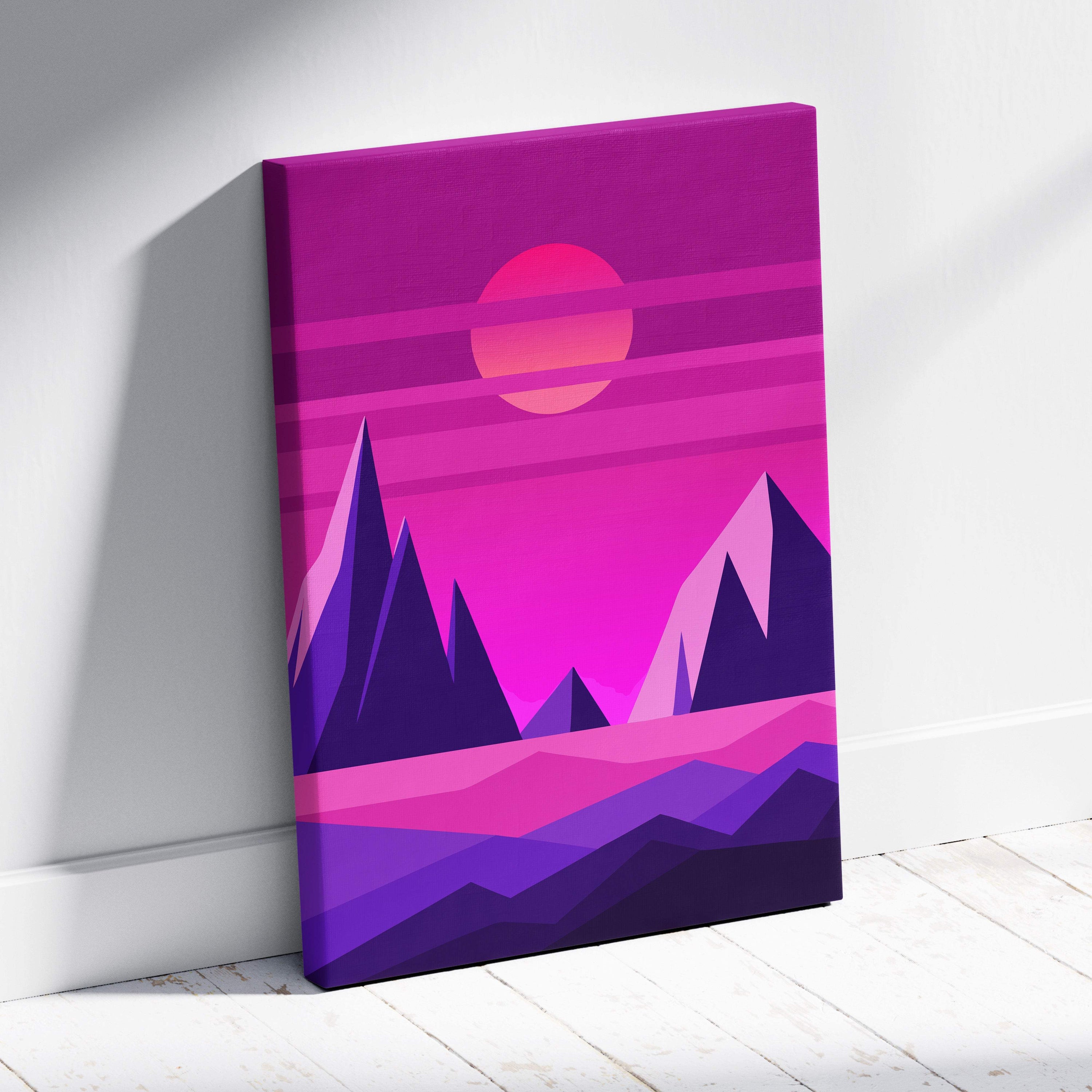 Vaporwave pink mountain sunset canvas art print with stylized purple and pink peaks under neon gradient sky