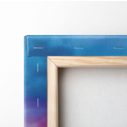 Blue gradient canvas wall art with wooden frame featuring surreal pink mushroom cloud for office and gaming room decor