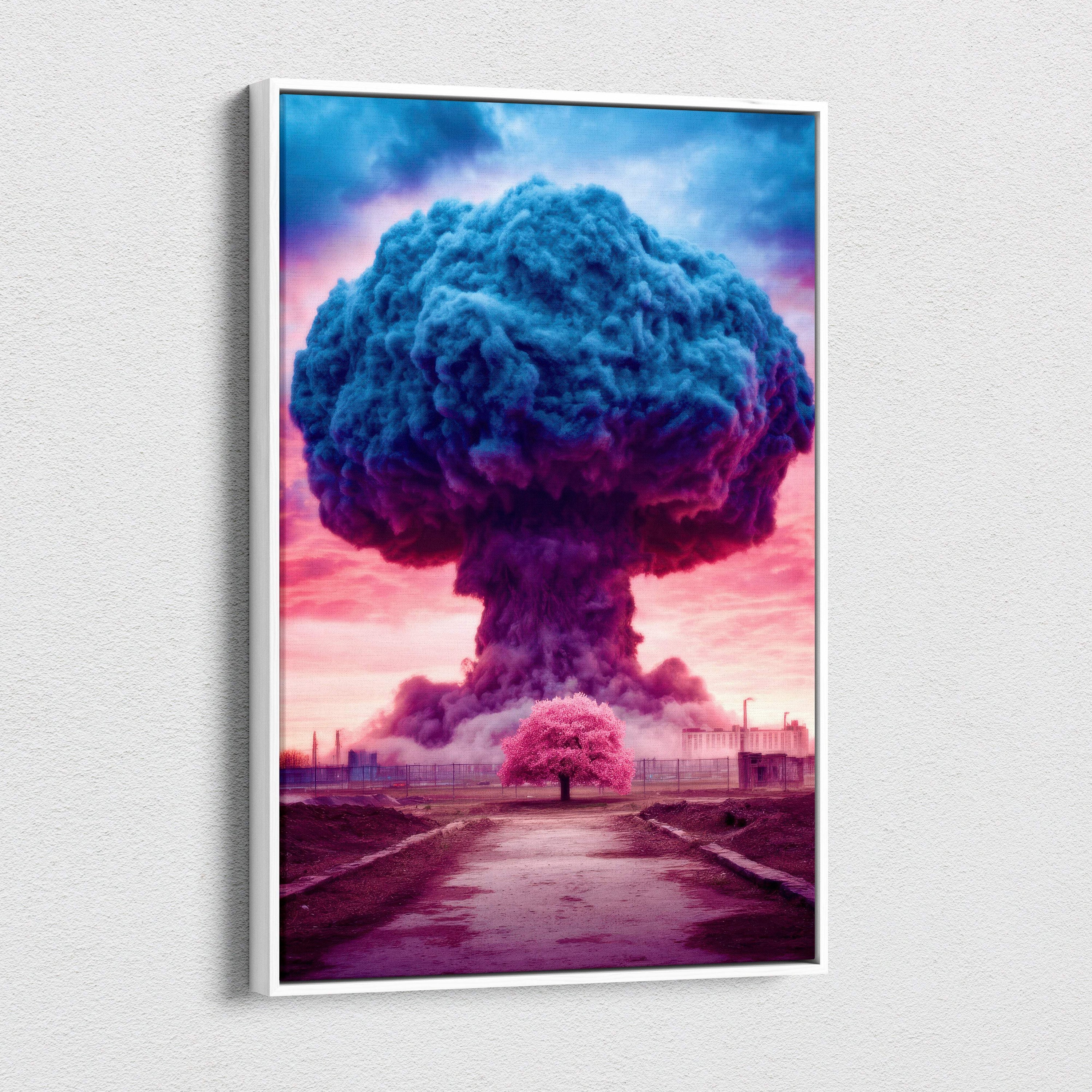 Framed canvas print of surreal blue and pink nuclear explosion with lone tree for office and gaming room decor