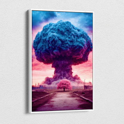 Framed canvas print of surreal blue and pink nuclear explosion with lone tree for office and gaming room decor