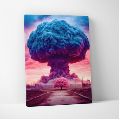 Vibrant blue pink mushroom cloud canvas wall art featuring surreal nuclear explosion and lone pink tree for gaming room decor