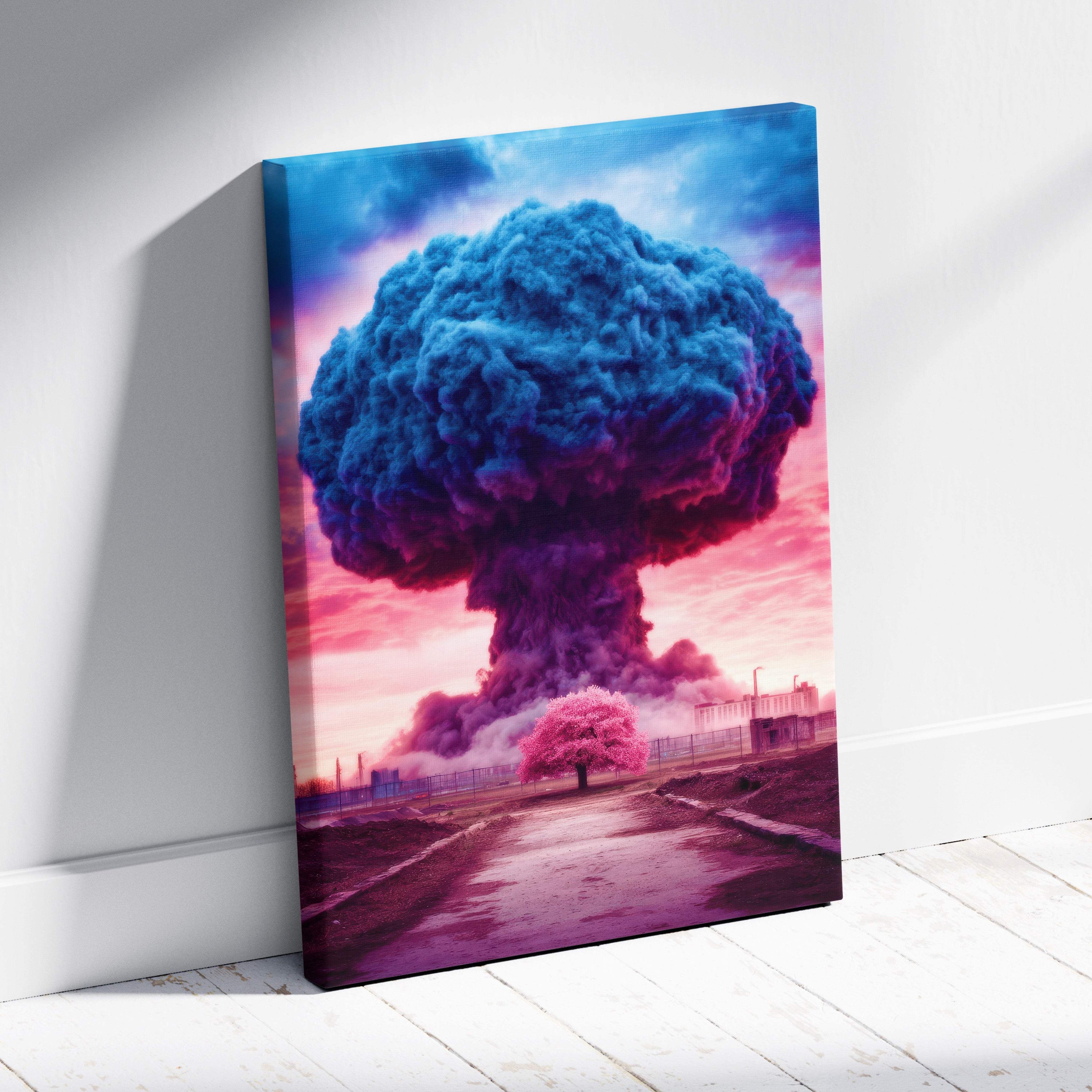 A vibrant canvas print of a surreal blue and pink mushroom cloud with a lone tree for office and gaming room decor