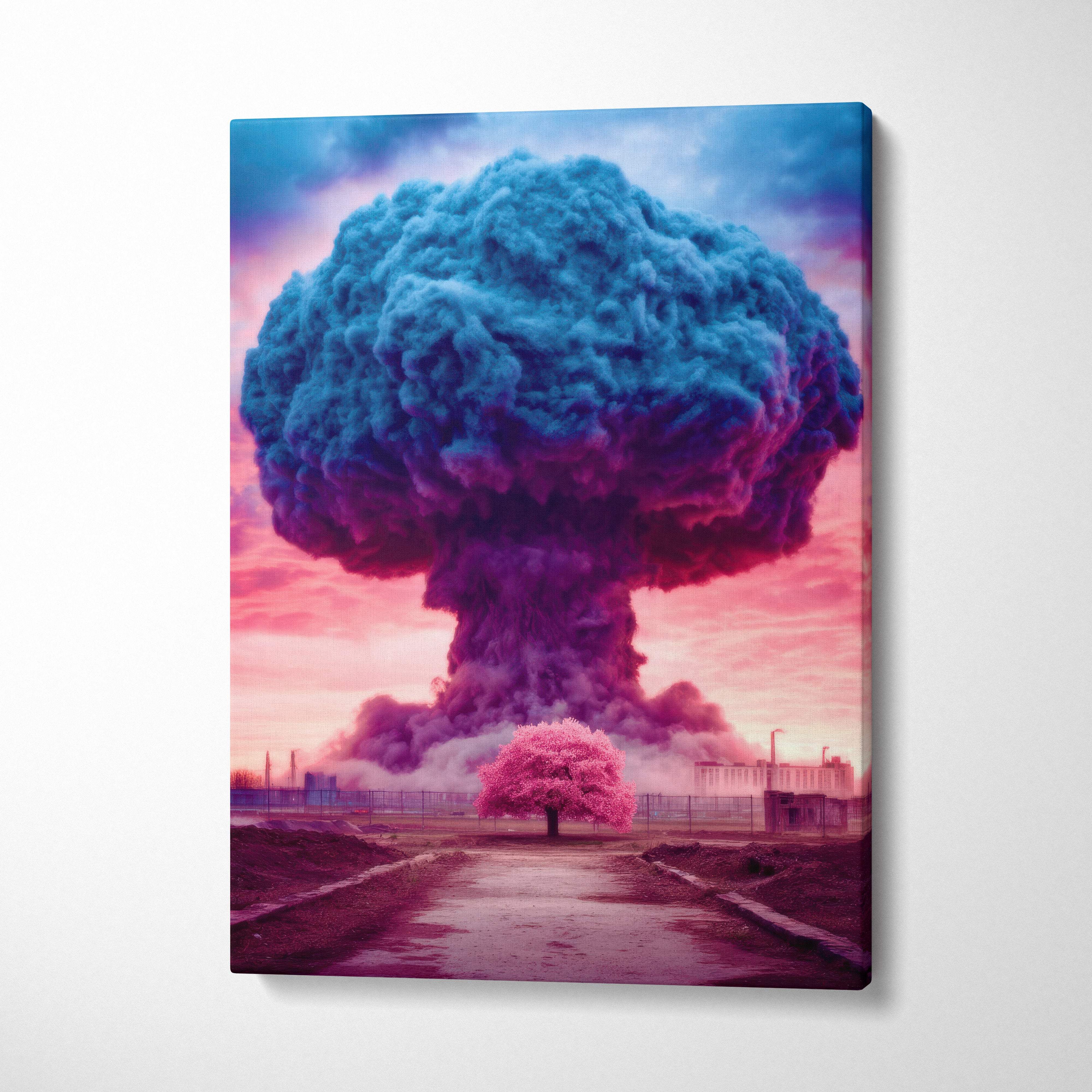 Blue pink mushroom cloud canvas wall art featuring a surreal nuclear explosion with glowing pink tree in industrial landscape