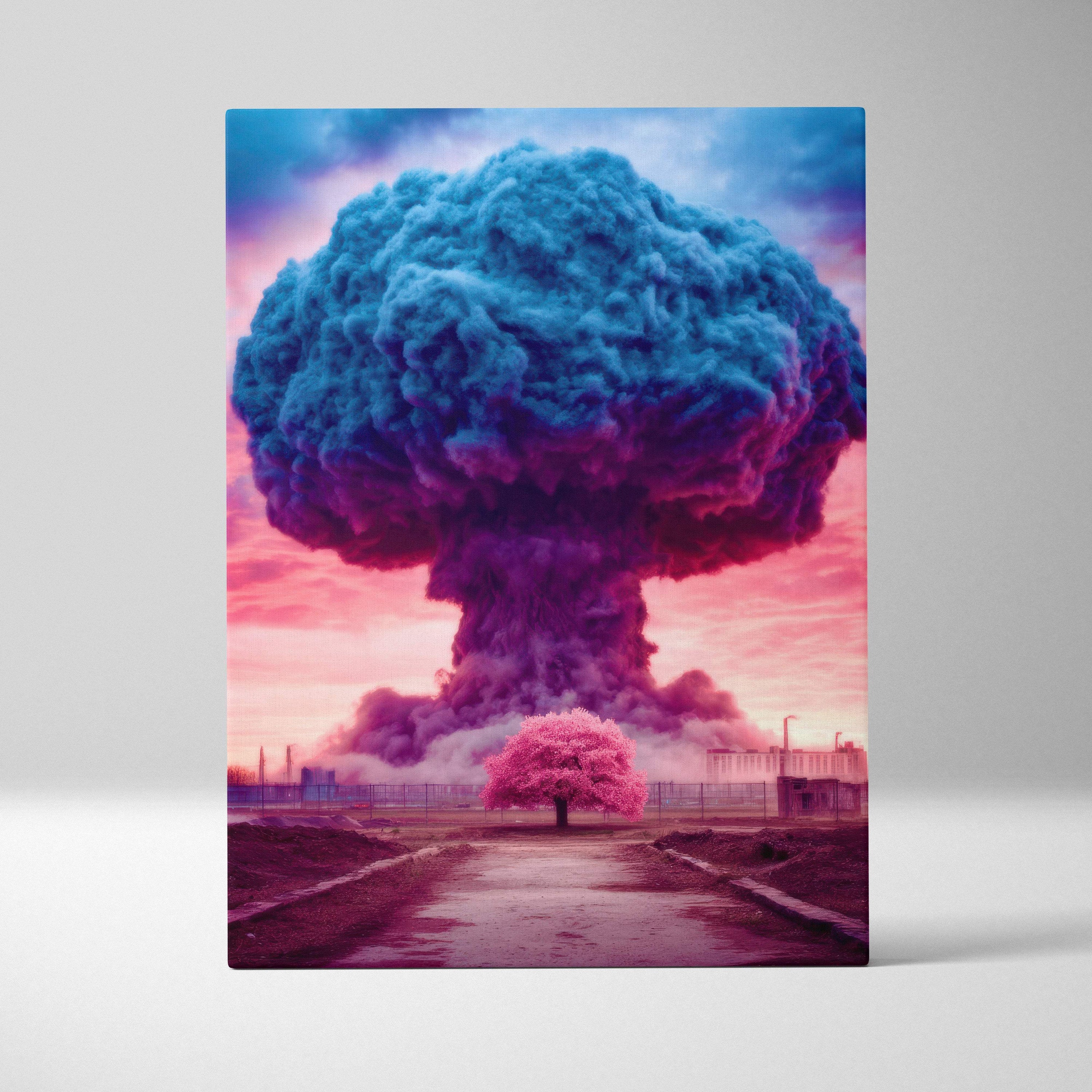 Surreal canvas wall art featuring a vibrant blue and purple mushroom cloud with a pink tree over industrial landscape