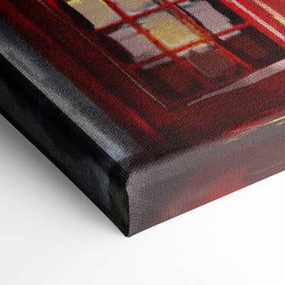 London rainy street painting style canvas print featuring a red telephone booth with textured edges and window grid