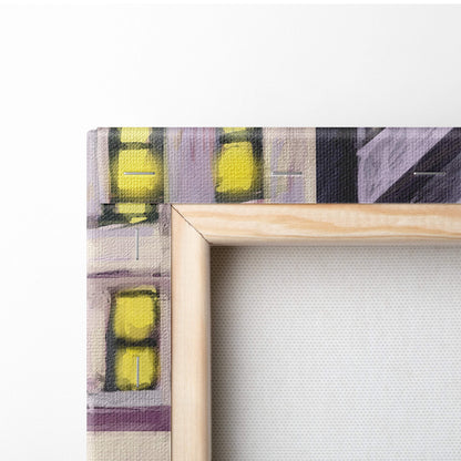 Light-colored wooden frame holding london rainy street painting style canvas print with yellow purple and black geometric shapes