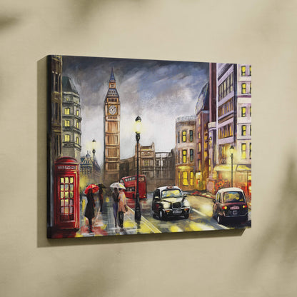 A vibrant canvas painting of a rainy London street with red telephone booths black cabs and Big Ben at evening