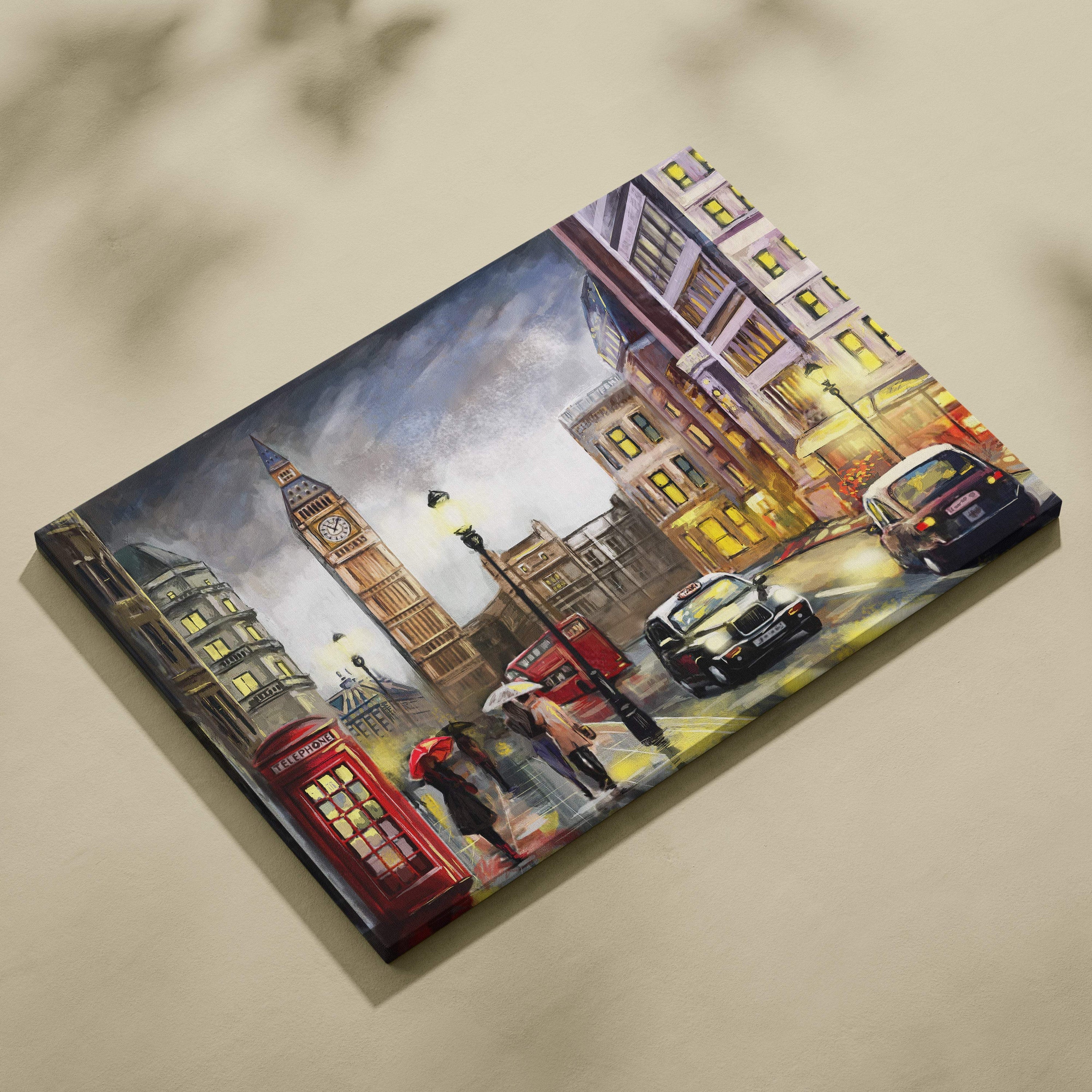 A vibrant canvas painting of a rainy London street with Big Ben, red telephone boxes, and classic black cabs