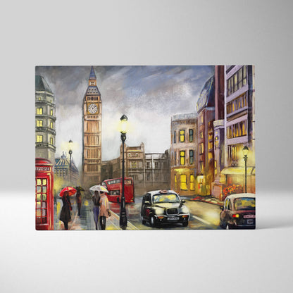 London rainy street painting style wall art canvas print featuring big ben red double-decker buses and black taxis
