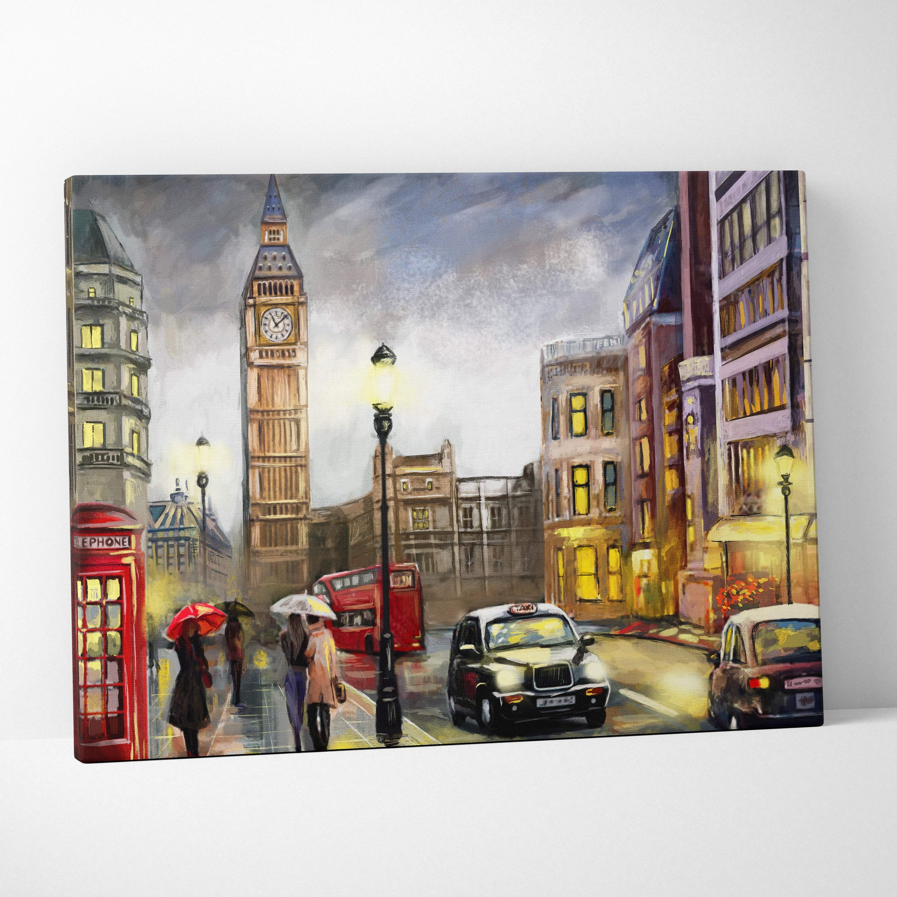 London rainy street painting style wall art canvas print featuring big ben red buses black cabs and red telephone box