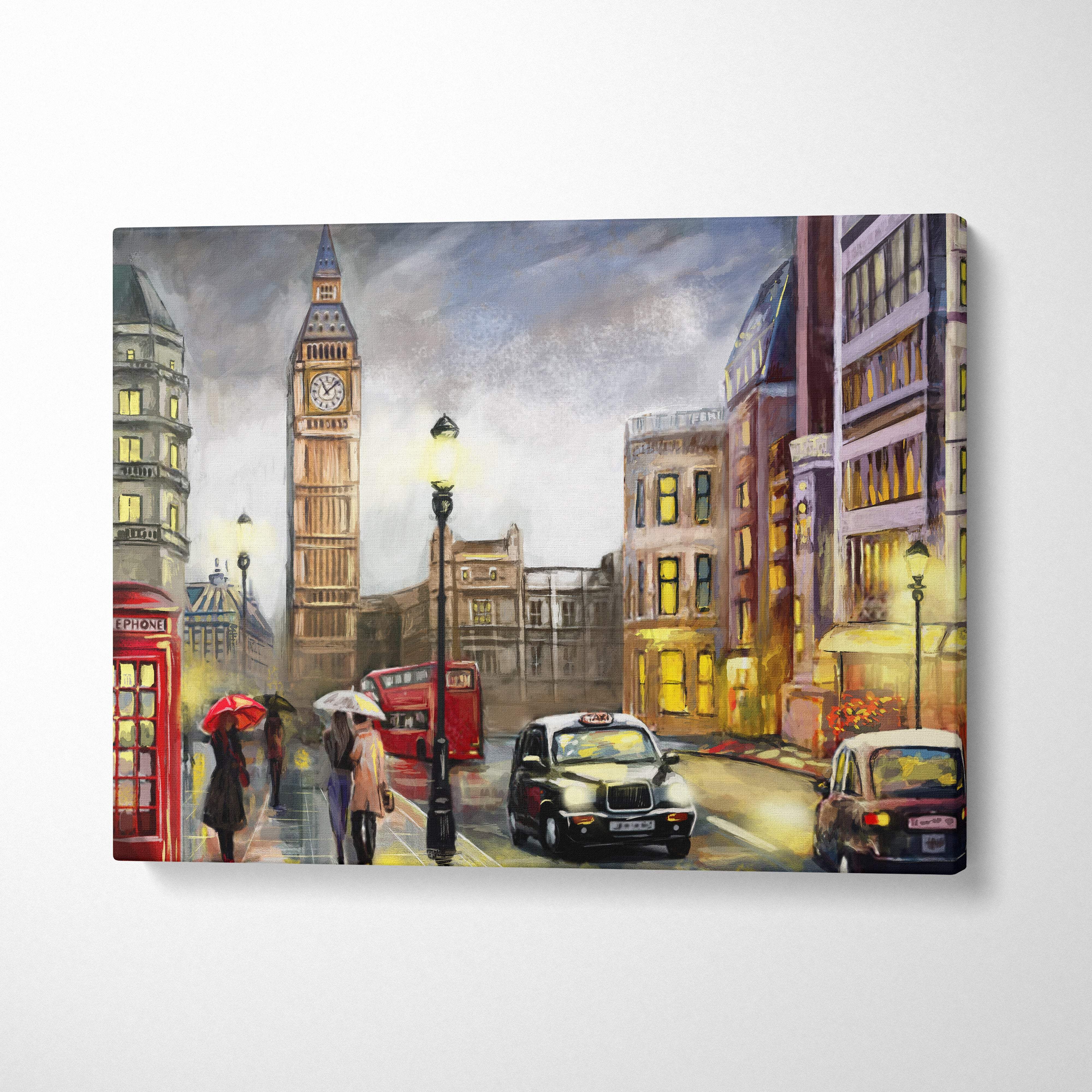 London rainy street painting style wall art canvas print featuring big ben red buses black cabs and telephone box