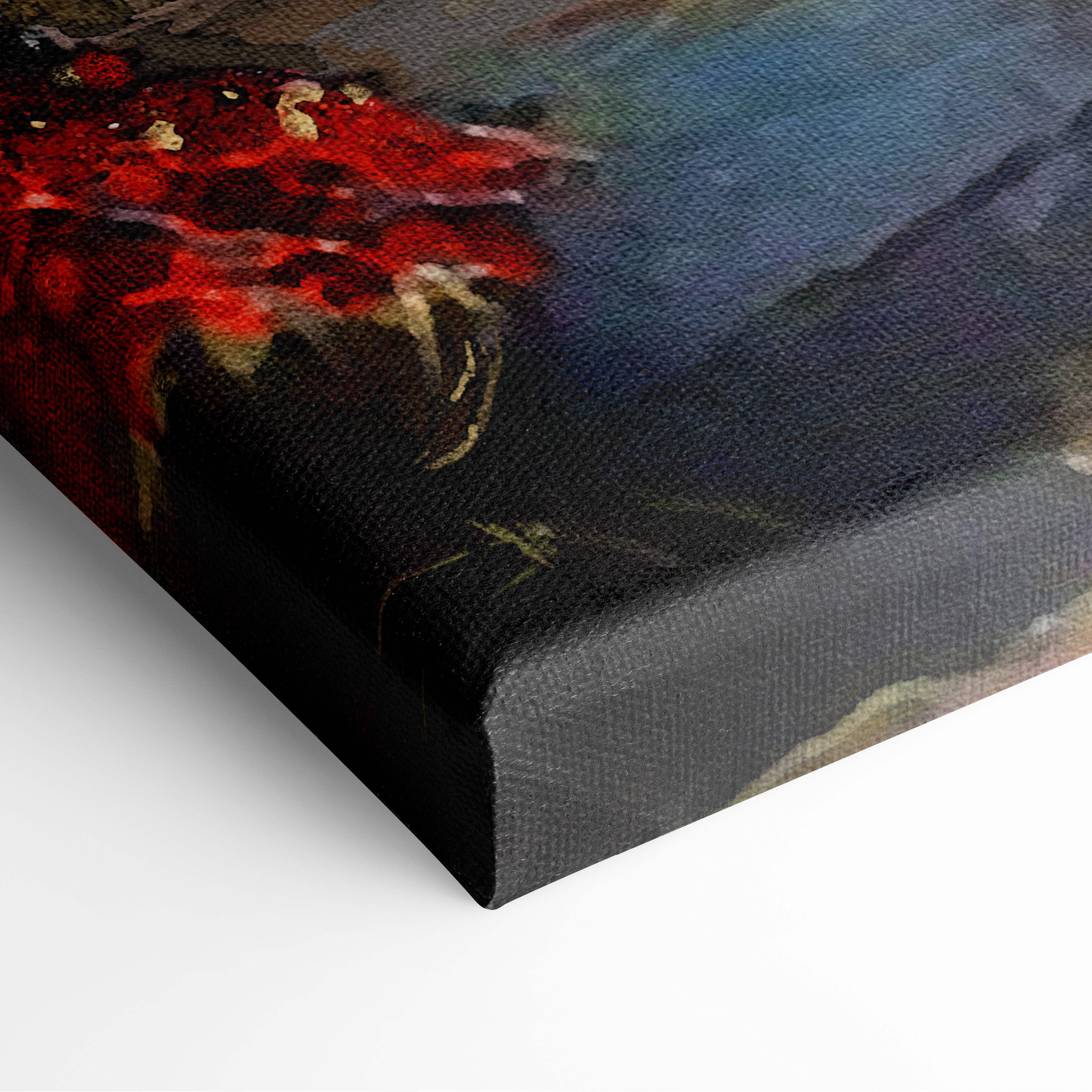 A textured canvas print of paris rainy street painting style with vibrant red and gold floral design on deep blue background