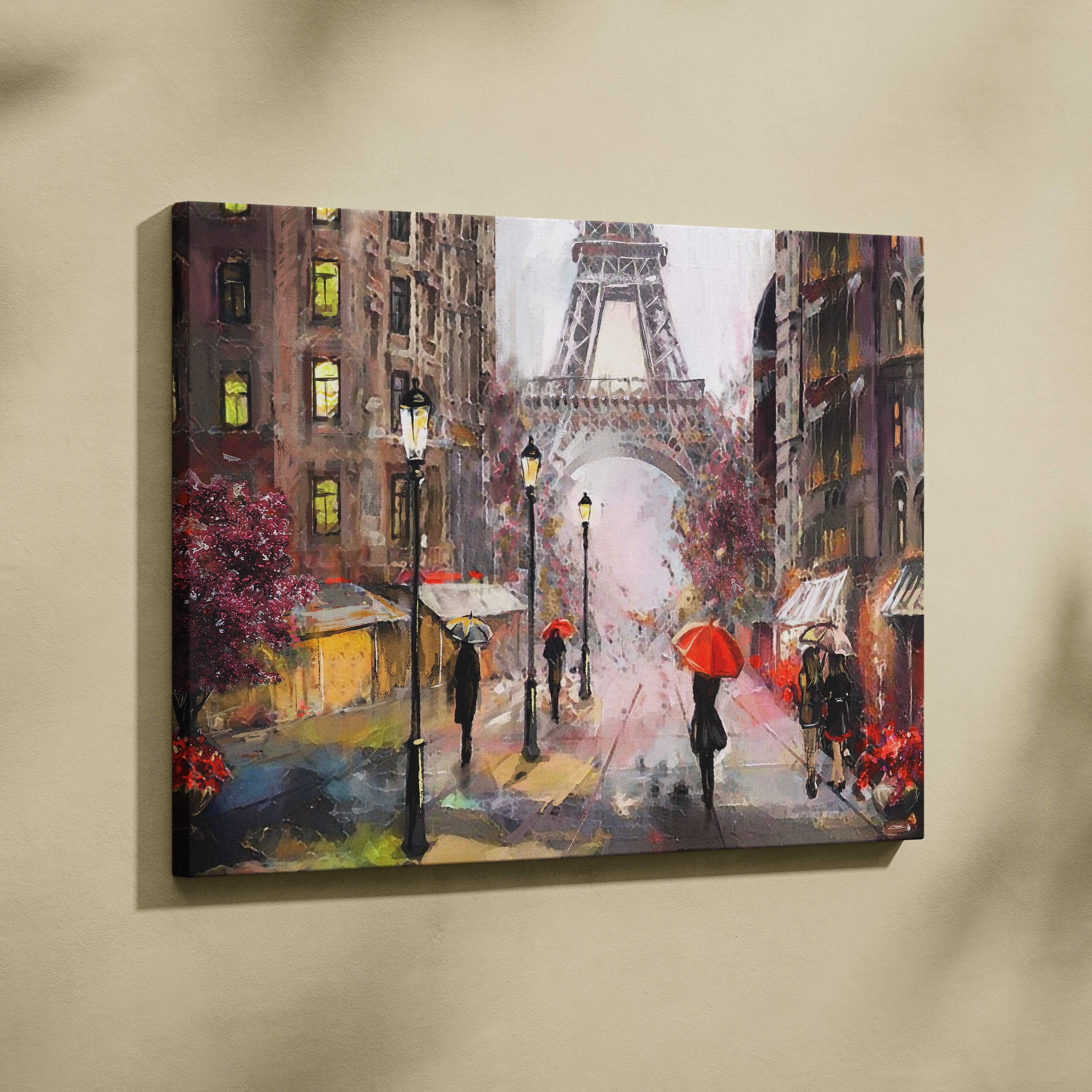 Paris rainy street painting style wall art canvas print featuring eiffel tower red umbrellas and warm buildings