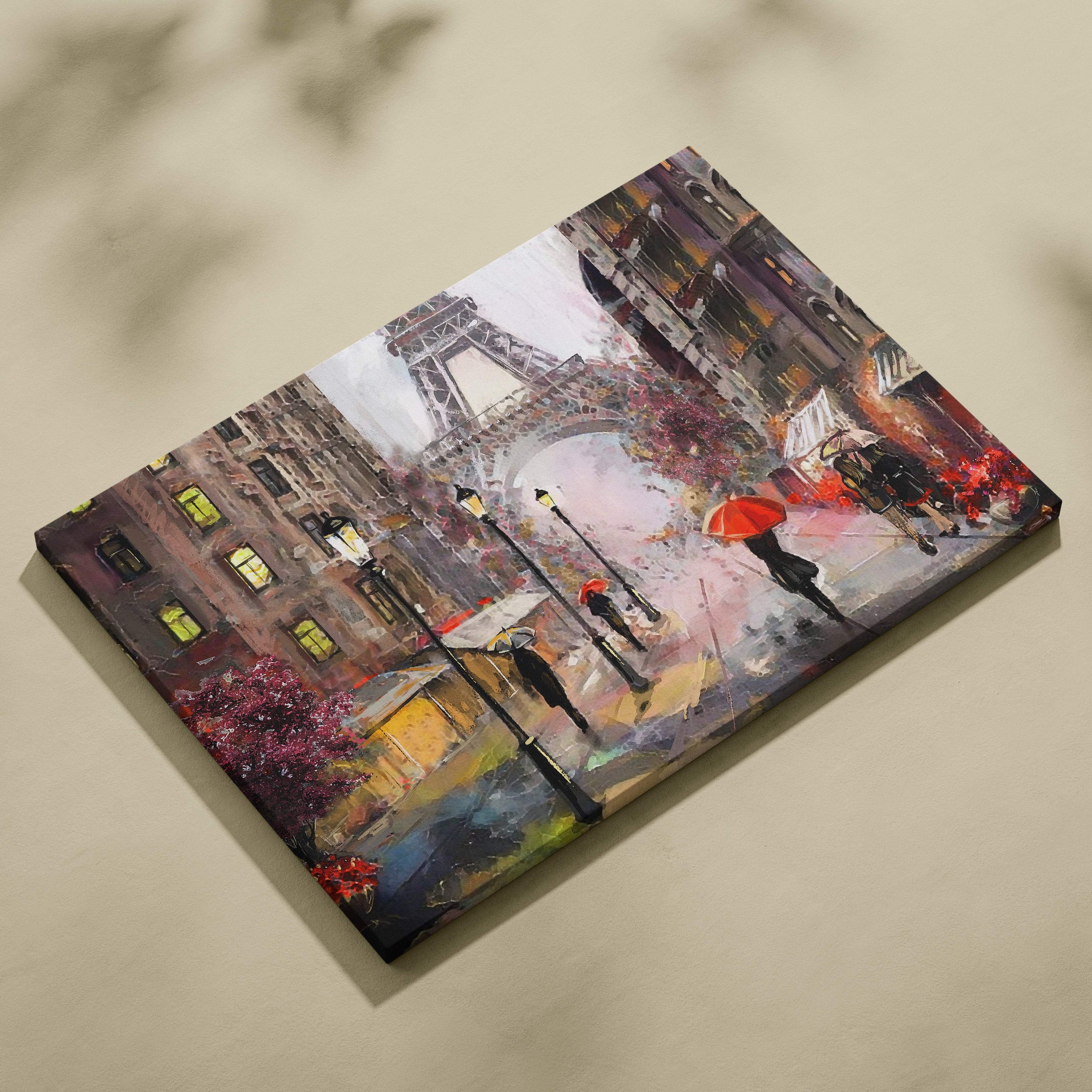A vibrant impressionist canvas wall art depicting a rainy parisian street with red umbrellas and the eiffel tower