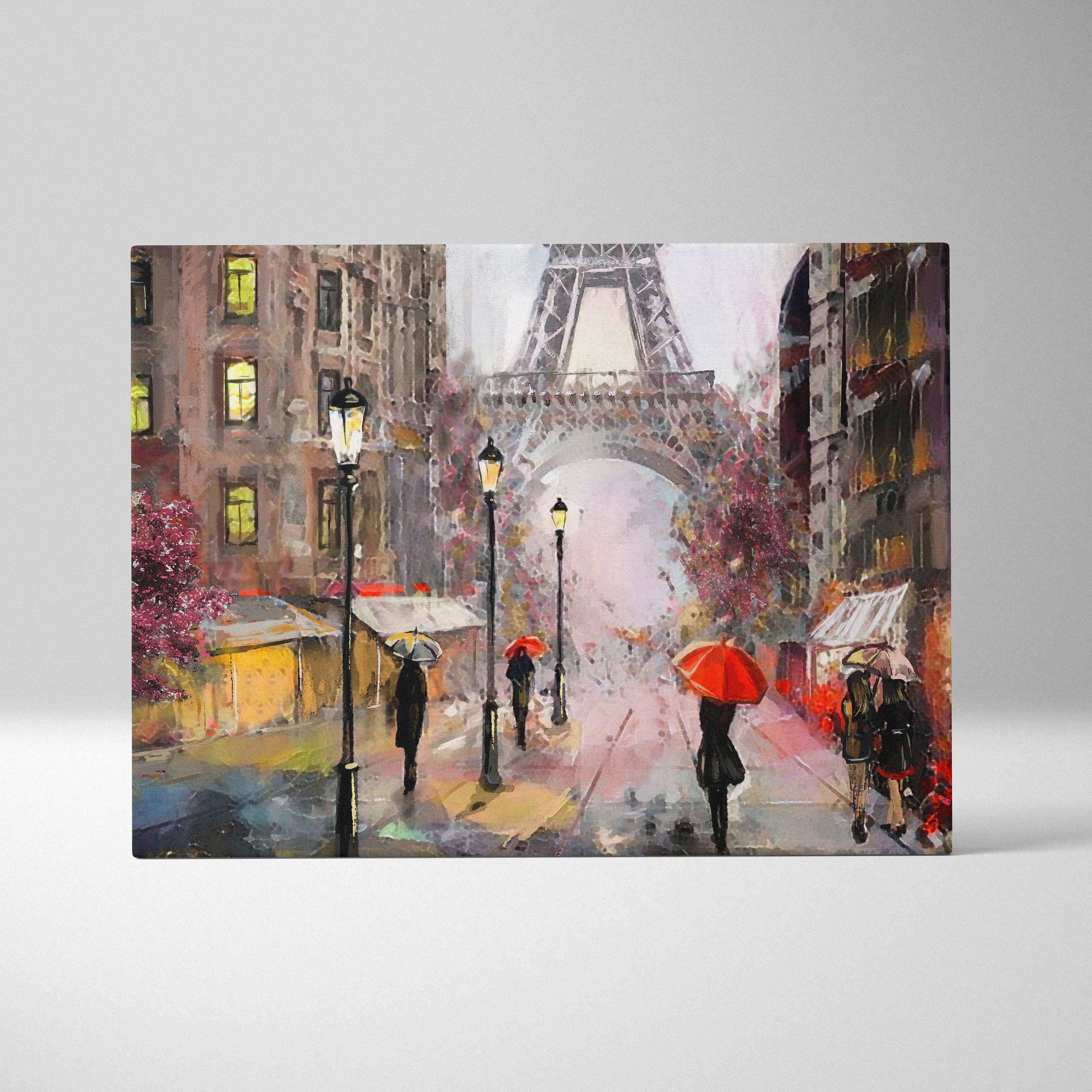 Paris rainy street painting canvas print featuring eiffel tower with red and black umbrellas under warm lamplight