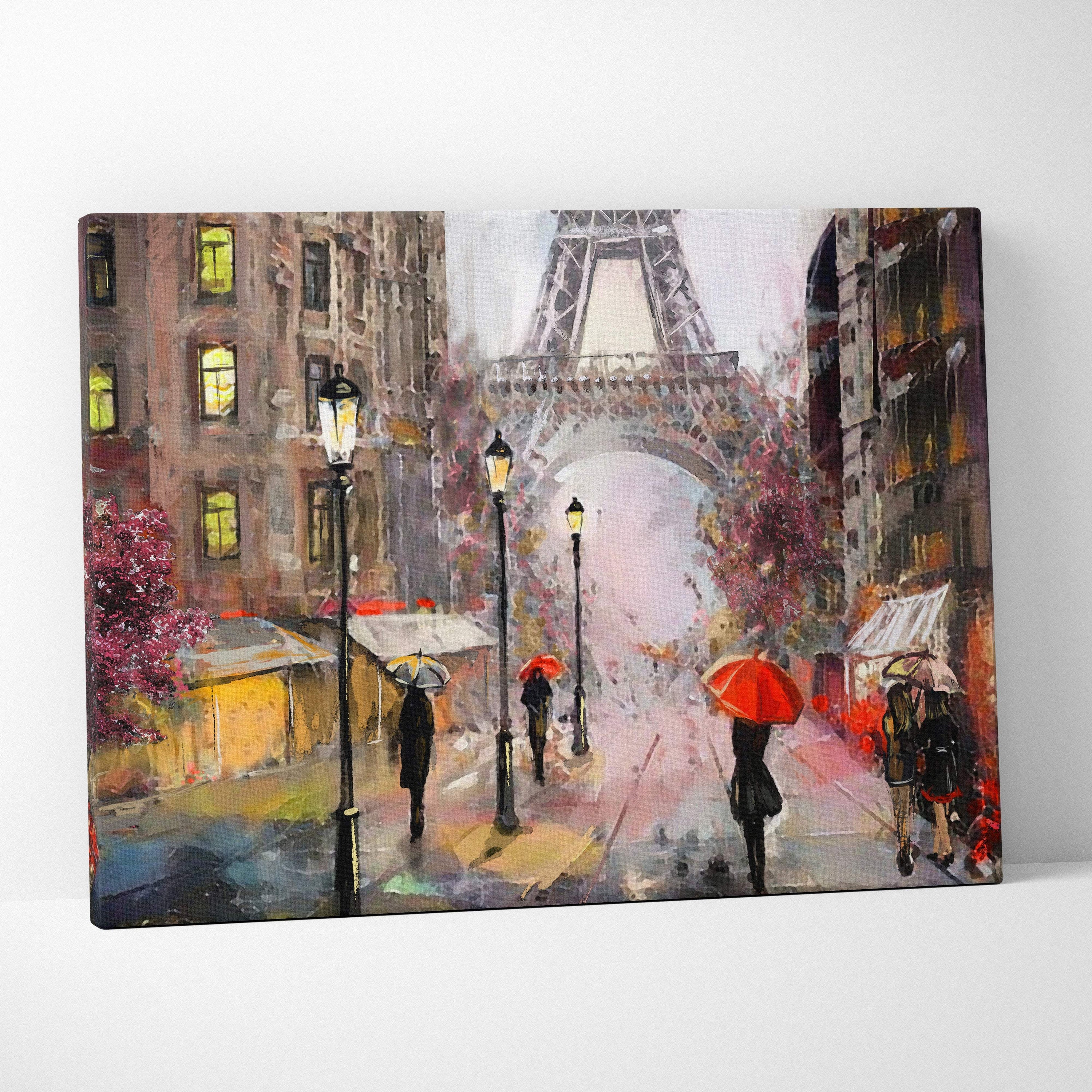Paris rainy street painting style wall art canvas print featuring red and black umbrellas near the eiffel tower