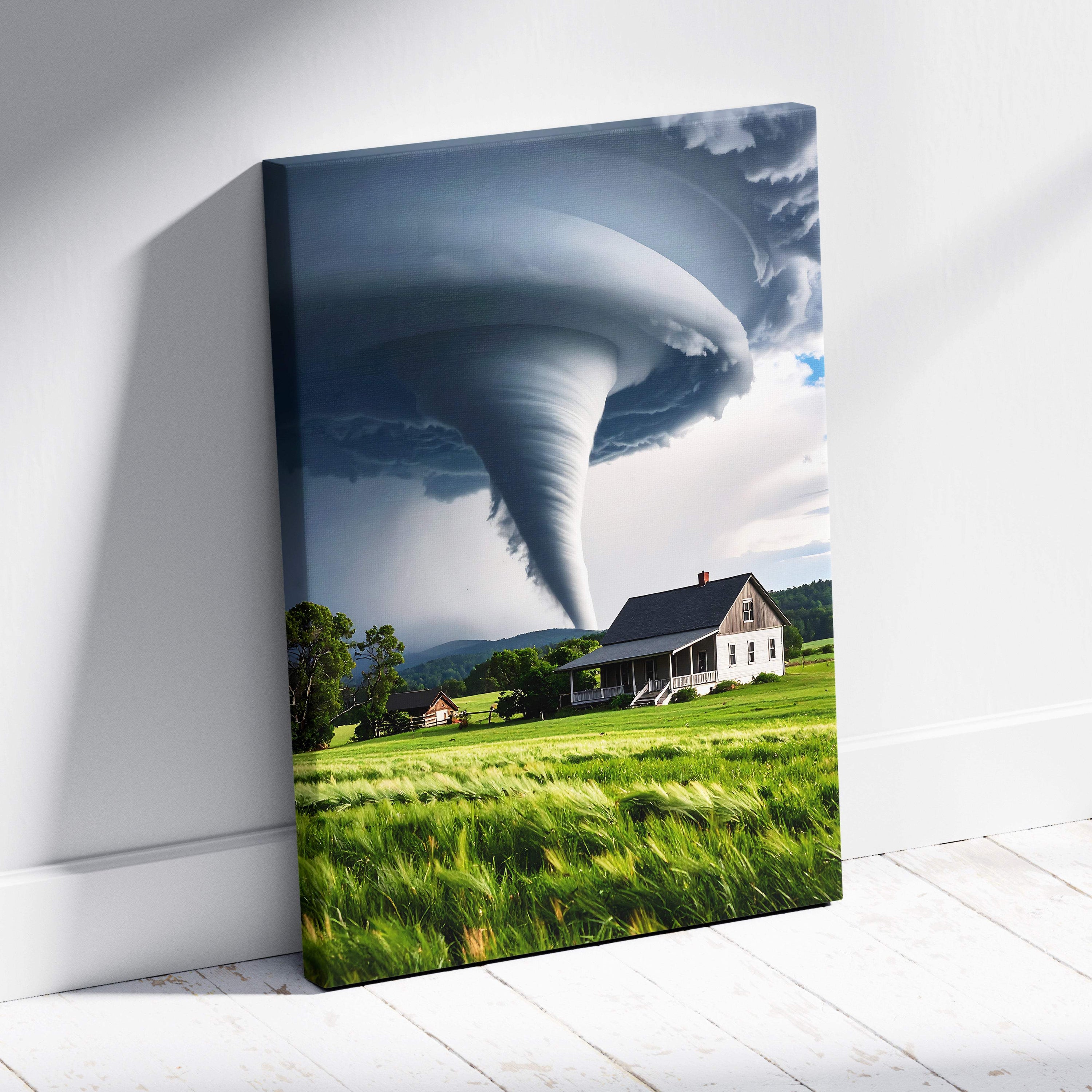 Massive tornado over farmhouse canvas wall art featuring a dramatic storm landscape print for rustic home decor