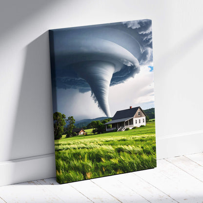 Massive tornado over farmhouse canvas wall art featuring a dramatic storm landscape print for rustic home decor