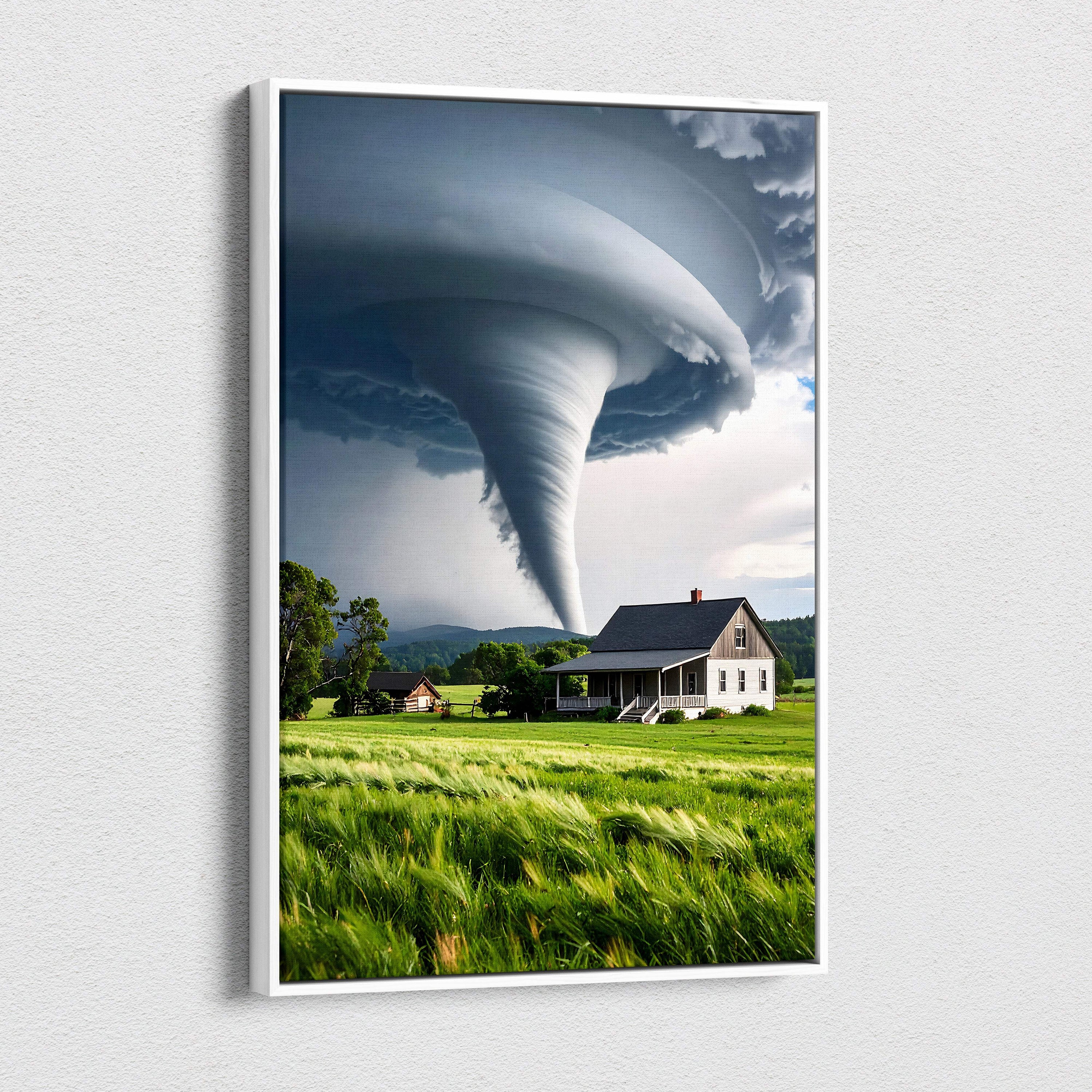 White-framed canvas wall art featuring a dramatic tornado over a rural farmhouse and green field for rustic decor