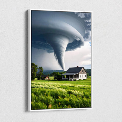 White-framed canvas wall art featuring a dramatic tornado over a rural farmhouse and green field for rustic decor