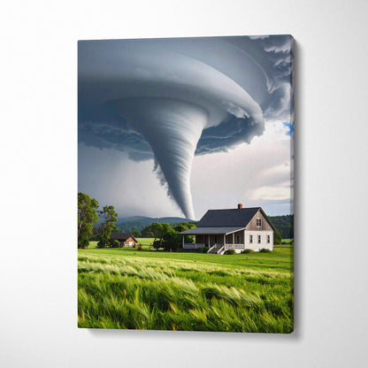 Canvas print of a dramatic tornado approaching a rustic farmhouse in a green field for rustic home decor
