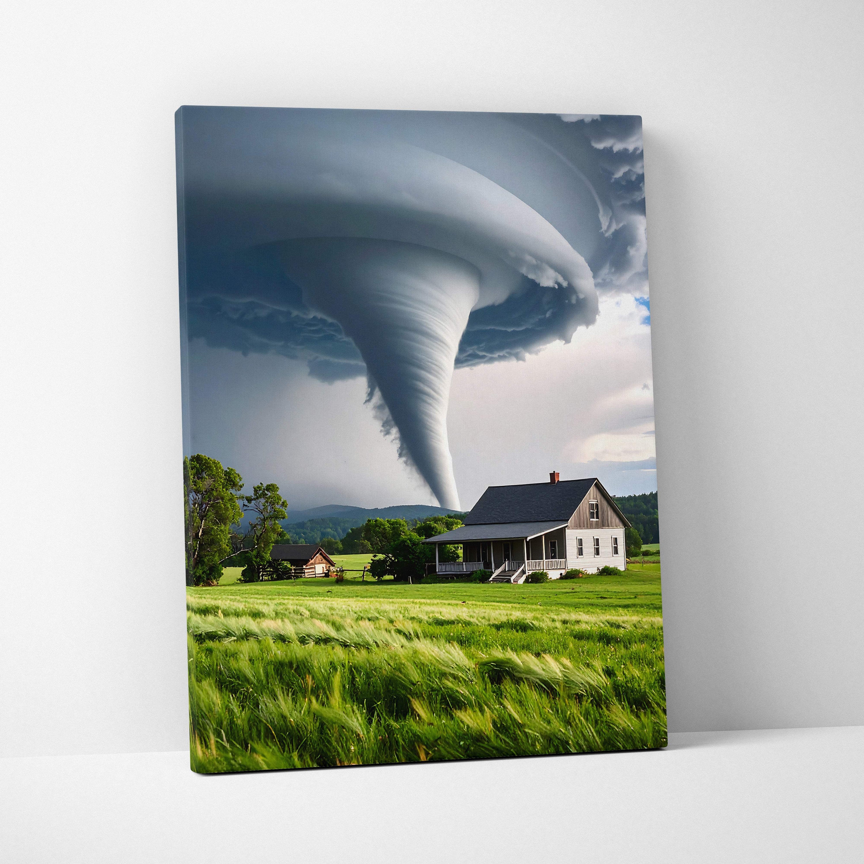 Canvas print of a dramatic tornado swirling over a white farmhouse and green fields for rustic home decor