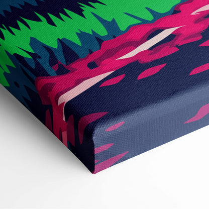 Retrowave sports car forest road canvas art print with bold green pink and navy blue geometric vaporwave patterns