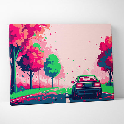 Retrowave sports car forest road canvas art print with a sleek black sedan and neon pink and green stylized trees