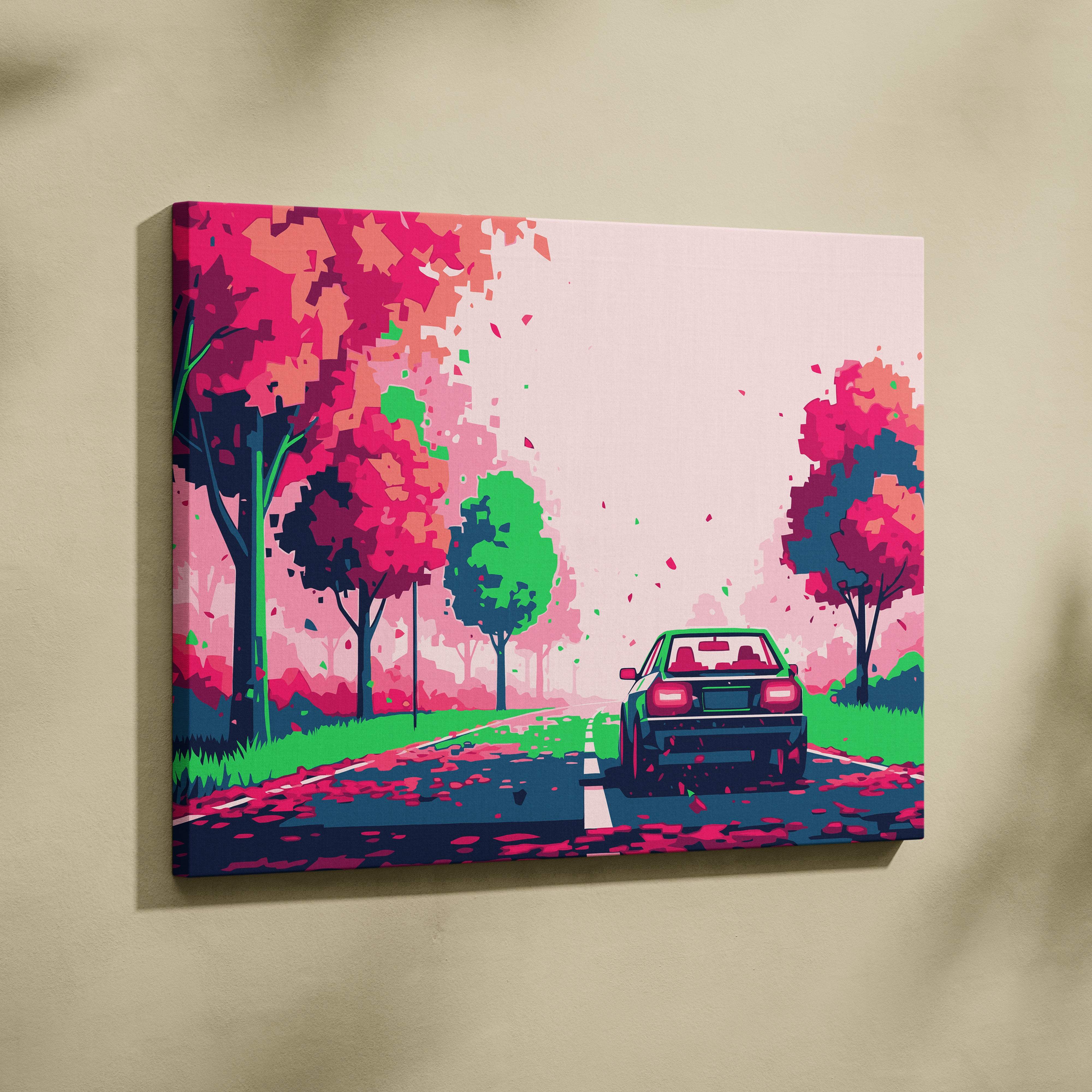Vibrant pop-art canvas print of a neon green sports car driving past pink and red trees under a pastel sky