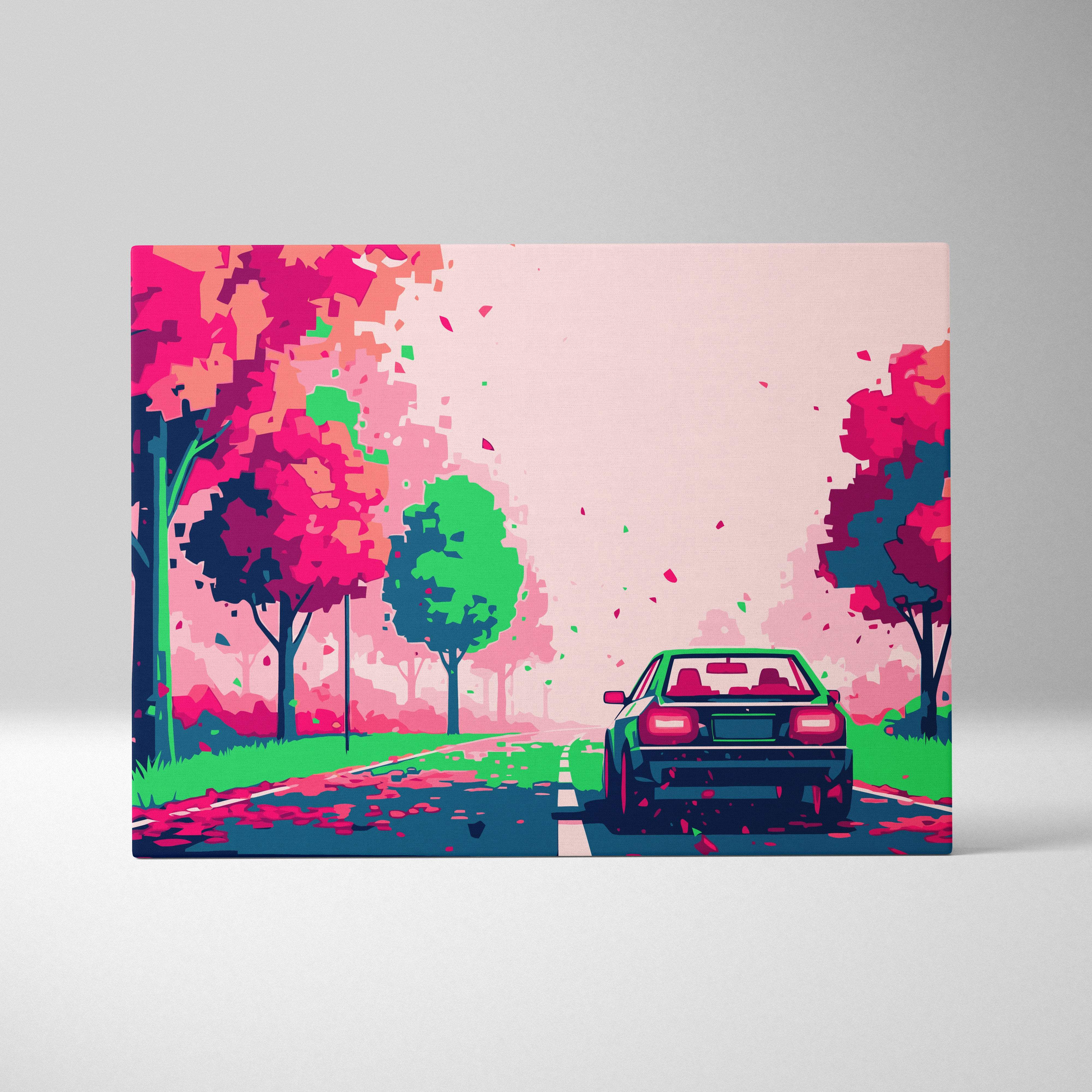 Vibrant retrowave sports car forest road canvas art print with neon pink and green trees featuring a black sedan