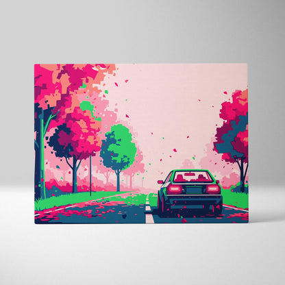 Vibrant retrowave sports car forest road canvas art print with neon pink and green trees featuring a black sedan